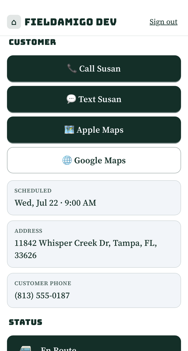 Field view — job detail: one-tap call, text, and navigate buttons with schedule and address