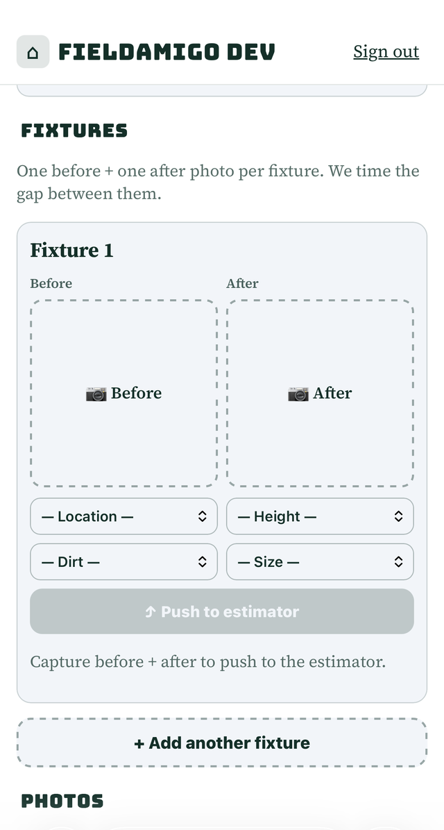 Field view — per-fixture capture: before and after photo slots with location, height, dirt, and size