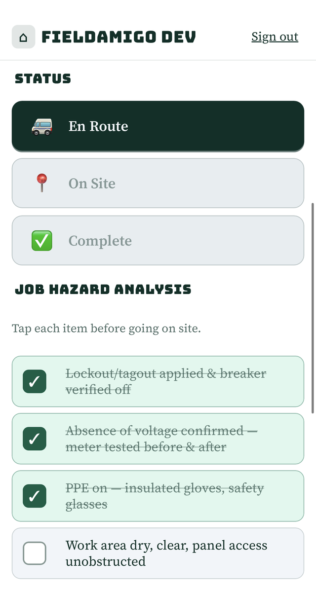 Field view — Job Hazard Analysis checklist: three electrical safety items checked off, On Site status locked until complete