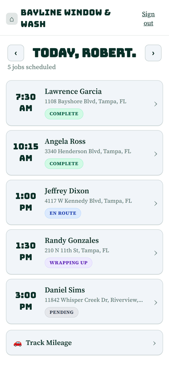 The field app on a phone: the day's five jobs in time order, each showing the appointment time, the customer, the address and a status chip reading complete, en route, wrapping up or pending