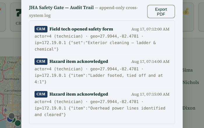 One job's safety audit trail: each event stamped with the actor and their role, a server timestamp, GPS coordinates and the originating IP