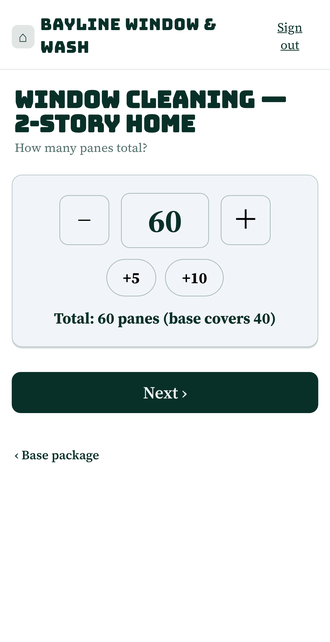 The counting step on a phone: the heading "Window Cleaning — 2-Story Home", the question "How many panes total?", a large minus-sixty-plus counter with plus-five and plus-ten shortcut buttons, and the line "Total: 60 panes (base covers 40)"